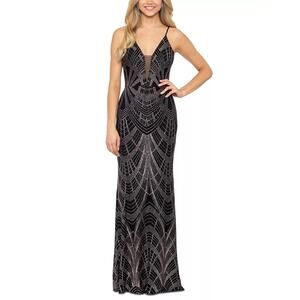 Betsy & Adam Women's Plunge-Neck Mesh-Inset Glitter-Print Gown Black Size 6 NWT